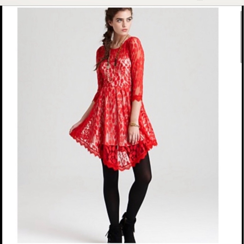Free People Red Lace Mini Dress—3/4 Sleeve